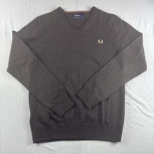Fred Perry Sweatshirt Mens S Merino Wool Brown V-Neck Sweater Long Sleeve Luxury